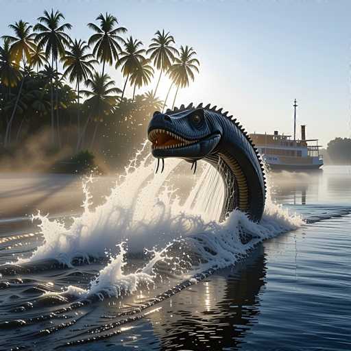 A large, fantastical creature resembling a giant eel or serpent is emerging from the water in a dramatic splash. The creature has a dark, textured body with large, sharp teeth and glowing eyes. Its head is positioned above the water's surface, with a portion of its body submerged in the splashing water. The background features a tropical setting with palm trees, sunlight reflecting on the water's surface, and a steamship in the distance. The overall scene is vibrant and fantastical, with a sense of power and mystery emanating from the creature's emergence.