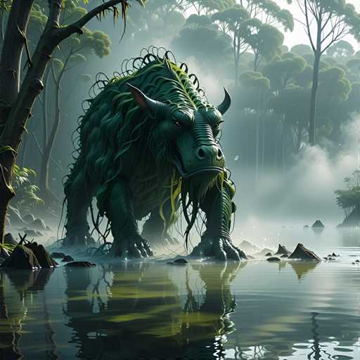 The image depicts a fantastical creature resembling a hybrid between a buffalo and a dragon, standing in shallow water. The creature has a massive, muscular body with a greenish hue, adorned with long, stringy hair that cascades from its head, back, and front legs. It features two prominent horns on either side of its head, a long snout, and piercing yellow eyes. The creature's reflection shimmers in the water below, adding to the mystical atmosphere.

Surrounding the creature is a dense forest of tall, slender trees with green foliage, shrouded in a thick mist that enhances the eerie ambiance. The water, which occupies the lower portion of the image, is dotted with small rocks and reflects the creature's imposing form. The overall scene is rendered in muted tones of green, gray, and blue, contributing to the otherworldly and mysterious feel of the artwork.