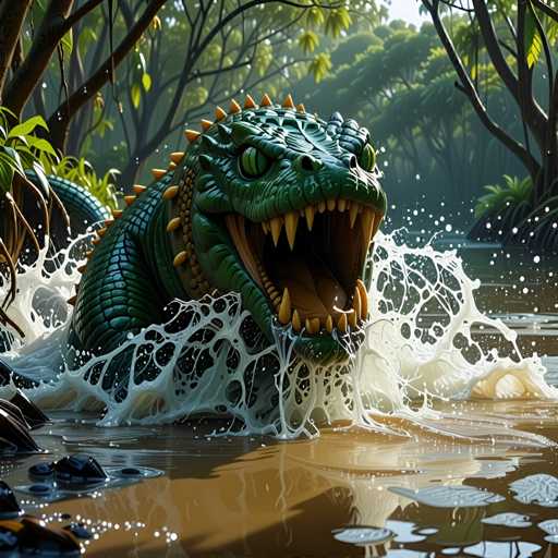 The image depicts a green monster with sharp teeth and fangs emerging from the water, surrounded by white foam. The monster is facing towards the right side of the image, creating an impression of movement as it emerges from the river.