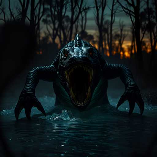 A monstrous, reptilian creature emerges from a dark, murky body of water in a dramatic, low-light fantasy illustration. The creature is primarily black with glowing red eyes and sharp, jagged teeth, its body covered in textured scales. Its forelimbs are outstretched, claws extended, as if lunging forward. A green, slimy texture is visible around its neck and chest, suggesting a wet or swampy environment. The water's surface is disturbed with splashes and ripples, reflecting the dim light from an orange-hued horizon in the background. The surrounding environment is dark, with silhouetted trees lining the edge of the water, creating a sense of mystery and foreboding. The overall color palette is dark blues, grays, and deep blacks, with the red eyes providing a stark contrast. The lighting is dramatic, highlighting the creature's menacing features and creating a sense of danger.