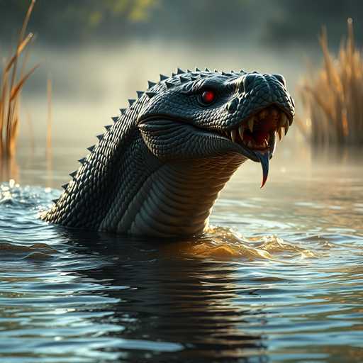 A close-up, photorealistic image of a large, prehistoric-looking creature with scales and sharp teeth emerging from the water. The creature has red eyes and a long, forked tongue that is extended towards the viewer. The water is rippling around it, and there are tall reeds in the background. The lighting is soft and warm, creating a mysterious and slightly ominous atmosphere.