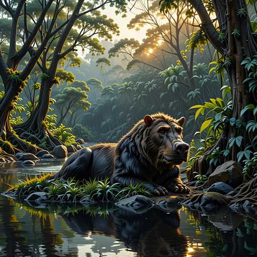 A majestic brown bear rests peacefully on a mossy bank beside a tranquil, reflective stream in a lush, sun-drenched forest. The bear is positioned diagonally across the frame, its head turned towards the viewer with a calm and serene expression. Sunlight filters through the dense canopy of trees, casting dappled light on the water's surface and the surrounding foliage. The forest is filled with vibrant green ferns, lush tropical plants, and tall, ancient trees with thick roots. The water is still and mirrors the surrounding environment, creating a sense of tranquility and harmony in nature.