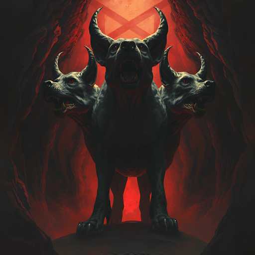 The image depicts a menacing, three-headed dog with a dark gray body and large, sharp claws. Each head is adorned with two long, curved horns and has glowing red eyes. The central head faces forward with its mouth wide open, revealing sharp teeth, while the two side heads are angled left and right, also baring their teeth. The dog stands on a dark gray rock in the center of a cavernous area, with a background that transitions from a bright red at the bottom to a lighter red at the top. The cave walls are dark gray with red highlights, and a large red X is prominently displayed on the wall behind the dog. The overall scene is dark and eerie, with the dog's fierce expression and the ominous red lighting creating a foreboding atmosphere.