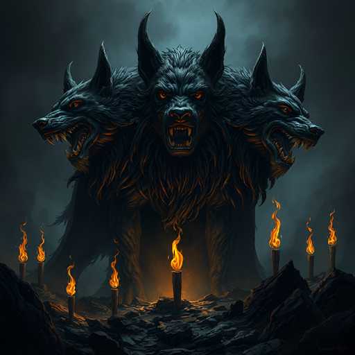 A majestic, three-headed Cerberus dog stands in a dark, mystical landscape. The creature's fur is a deep black, with glowing orange highlights along its body and horns. Its eyes are fiery red, and its fangs are bared in a menacing snarl. The dog's multiple heads create a powerful, intimidating presence. Several torches flicker around the base of the creature, casting an eerie glow on the dark, rocky ground. The background is shrouded in a hazy, grey mist, adding to the overall sense of mystery and foreboding. The scene is rendered in a digital painting style, with a focus on dramatic lighting and texture.