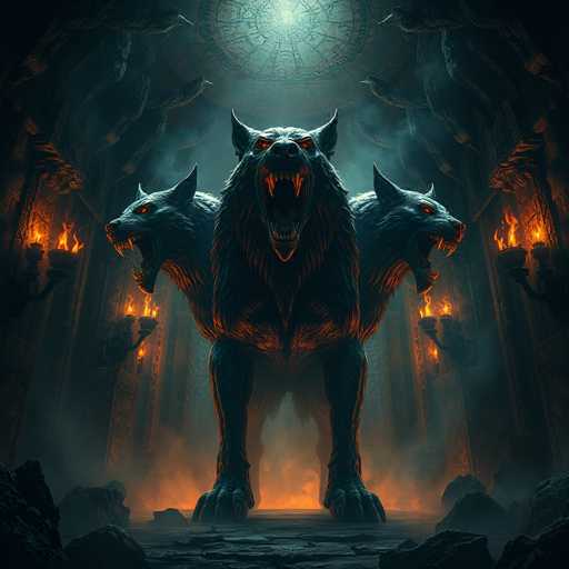 The image depicts a menacing, three-headed wolf-like creature with glowing red eyes and sharp fangs, standing in a dark, cavernous room. The wolf's body is primarily black with orange highlights, giving it a fiery appearance. Its three heads are positioned in a triangular formation: one facing forward with its mouth wide open, revealing fangs, and two others flanking it, each turned to the sides. The room is dimly lit by numerous torches mounted on the walls, casting flickering shadows and creating an eerie atmosphere. The floor is rocky and uneven, with large boulders scattered around. Above, a circular skylight allows some light to filter through, illuminating the creature's head and adding to the overall sinister ambiance. The scene is reminiscent of a dark fantasy setting, possibly inspired by video game art or a digital illustration.