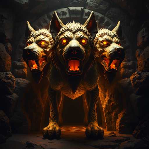 The image depicts a highly detailed, computer-generated 3D rendering of a mythical three-headed beast, resembling a lion with wolf-like features. The creature stands on a stone floor, with its three heads aligned in a row, each facing a different direction. The central head faces forward, while the heads on either side turn left and right, respectively. The beast's fur is a mix of brown and gray, with a distinctive black beard and mustache. Its eyes glow with an eerie orange light, and its mouths are open, revealing glowing orange tongues. The creature's front paws are visible, and it stands within a stone-walled cave. Behind the beast, there is a circular stone archway, adding to the ancient and mystical atmosphere of the scene.