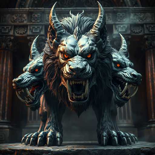 A colossal, three-headed Cerberus statue stands in a dimly lit, ancient setting. The creature is depicted with a powerful, muscular body covered in dark fur and sharp horns. Its three heads are snarling, each with glowing orange eyes and rows of razor-sharp teeth. The statue is positioned on a stone pedestal, surrounded by ornate architectural details and shadowed columns. The overall atmosphere is one of power, mystery, and perhaps a touch of foreboding.