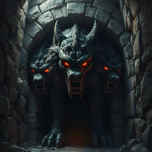 The image depicts a dark, foreboding scene set within a stone-walled cave. At the center of the composition is a menacing creature with the head of a wolf, featuring glowing orange eyes and sharp, bared teeth. This wolf-like entity has two prominent horns protruding from its head and stands on two legs, giving it a humanoid appearance. Flanking this central figure are two additional wolf heads, also with glowing orange eyes and bared teeth, positioned on either side. The stone walls of the cave are constructed from large, gray blocks, with the left wall appearing darker and more shadowed, while the right wall is slightly lighter. The overall atmosphere is eerie and ominous, with the glowing eyes of the creatures piercing through the darkness, creating a sense of dread and unease.