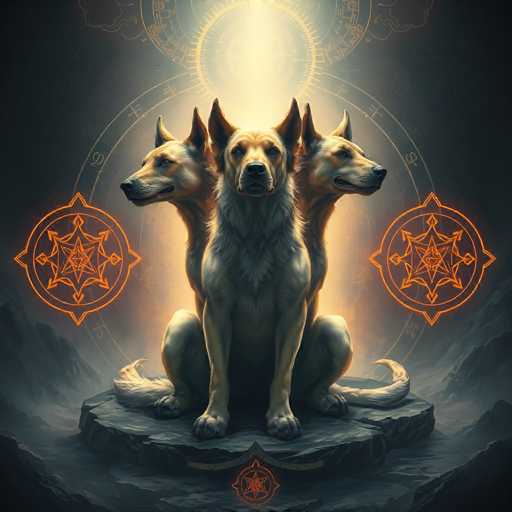 The image depicts a striking, computer-generated scene featuring a three-headed dog, reminiscent of the mythical Cerberus. The dog's central head faces forward, while the two side heads gaze in opposite directions. Each head is adorned with a black nose and a black snout, and they all share the same light brown fur. The dog's ears are pointed and stand erect, adding to its alert appearance. Its body is covered in a mix of white and gray fur, with a particularly fluffy neck area. The dog is seated on a circular stone platform, with its front paws resting on the ground and its back legs tucked underneath. The background is a dark gray, almost black, with a mystical atmosphere created by the presence of orange symbols and intricate designs. These symbols include a star-like shape with a circle around it, positioned on either side of the dog and at the bottom of the image. Additionally, there are concentric circles with various markings, including a large circle behind the dog and a smaller one above its head, both emitting a radiant glow. The overall composition suggests a powerful, otherworldly entity, blending elements of mysticism and fantasy.