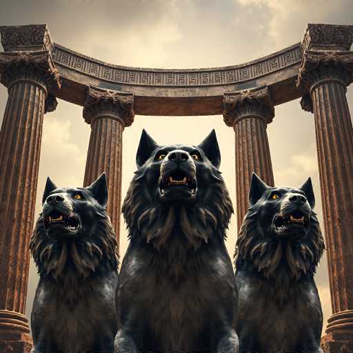A majestic scene unfolds with three imposing black wolves, their eyes glowing intensely yellow, positioned in front of a grand ancient Greek-style temple. The wolves are seated on the ground, their sharp teeth bared in a fierce snarl, conveying a sense of power and perhaps guarding the temple. The temple is constructed from weathered stone, adorned with intricately carved columns and a Doric-style archway. The background features a soft, slightly hazy sky with warm, golden tones suggesting either sunrise or sunset. The overall lighting is dramatic, highlighting the wolves' intense gaze and the texture of their fur against the ancient stone. The composition emphasizes a sense of awe-inspiring power and mystery, hinting at a mythical or symbolic narrative.