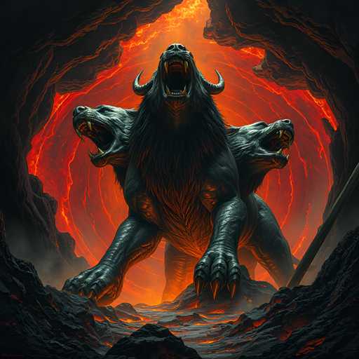 The image depicts a striking 3D-rendered scene of a cave with a fiery, molten background. The cave walls are dark, almost black, and the floor is covered in glowing lava. At the center of the image stands a fearsome three-headed beast, resembling a lion with dark gray fur and sharp, menacing teeth. The central head is the largest, facing forward with its mouth wide open, revealing large fangs. The two smaller heads flank it, one on the left and one on the right, both facing outward with their mouths also agape. Each head is adorned with curved horns that extend backward. The creature's muscular body is supported by four powerful legs, each ending in sharp claws. The overall atmosphere is dark and menacing, with the fiery glow of the lava enhancing the beast's intimidating presence.