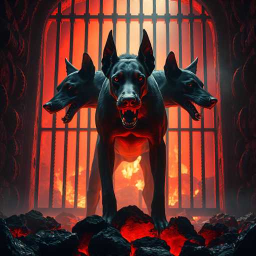 The image depicts a menacing, three-headed dog resembling Cerberus from Greek mythology. The dog's central head is facing forward, with its mouth wide open, revealing sharp teeth and a pink nose. Its eyes are a striking red, and its ears are pointed and erect. The two side heads are angled to the left and right, each with its mouth open, displaying sharp teeth and red eyes. The dog's body is predominantly black, with a hint of red on its chest, and it stands on four legs.

The dog is positioned on a bed of glowing red and black rocks, which appear to be scorching hot. Behind the dog, there is a large, arched doorway with vertical bars, through which a fiery orange and red glow emanates, suggesting the presence of flames or lava beyond. The doorway is framed by dark, possibly stone walls, adding to the ominous atmosphere. The overall scene is highly detailed and vividly colored, emphasizing the dog's fierce and intimidating presence.