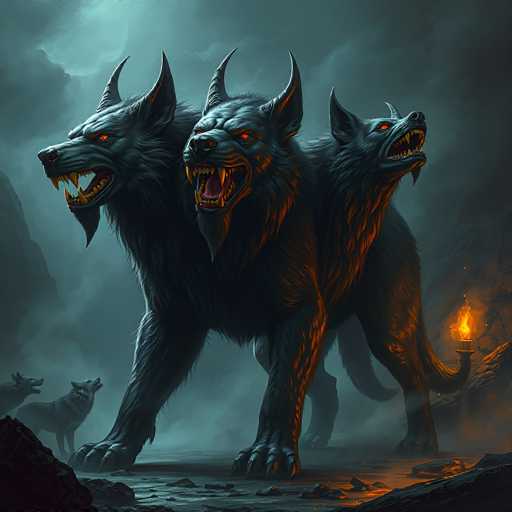 A majestic, three-headed Cerberus dog stands in a dark, mystical landscape. The creature's fur is a deep black, with glowing red eyes and sharp teeth bared in a menacing snarl. The three heads are positioned at different angles, giving the dog a dynamic and powerful stance. A fiery torch is held in one of its paws, casting an eerie glow on the surrounding rocks and mist. The background is shrouded in a dark, stormy sky with hints of glowing embers and smoke, creating an atmosphere of mystery and danger. The overall style is a blend of fantasy art and digital painting, with a focus on dramatic lighting and detailed textures.