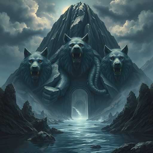 A majestic, colossal wolf-like creature with three heads dominates a dramatic, mountainous landscape. The creature is positioned in the center of the image, its massive body partially obscured by a dark, arched doorway. The three heads are all snarling with glowing orange eyes and sharp teeth, their fur a deep charcoal gray. The creature's paws are large and powerful, one holding a dark, stone-like object. 

The background is dominated by towering, jagged mountains shrouded in a stormy sky with dark, swirling clouds. A faint, ethereal light emanates from the doorway behind the creature, suggesting a hidden passage or portal. The water in the foreground is dark and reflective, with subtle ripples catching the light. 

The overall atmosphere is one of power, mystery, and perhaps a touch of foreboding. The lighting is dramatic, with highlights on the creature's fur and eyes contrasting with the darker shadows of the mountains. The style is highly detailed, emphasizing texture and depth to create a truly awe-inspiring image.