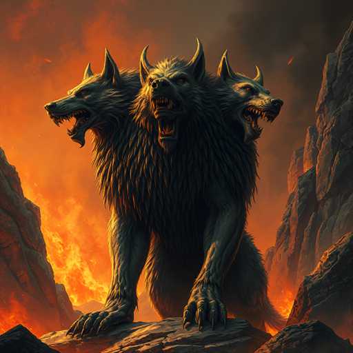 The image depicts a fantastical, three-headed beast resembling a wolf or dog, standing on a rocky outcrop amidst a fiery, volcanic landscape. The creature's fur is predominantly black with hints of brown, and it has large, menacing claws on its paws. Each of its three heads is adorned with horns and sharp teeth, all open as if growling or roaring. The left head is turned to the left, the middle head faces forward, and the right head looks to the right. The background is filled with intense orange and red hues, suggesting a hellish environment with lava and flames. The sky above is dark and smoky, adding to the ominous atmosphere. Surrounding the beast are jagged, rocky formations, with a particularly prominent rock in the foreground. The overall scene is dark and foreboding, with the creature appearing to be the dominant and terrifying presence in this infernal setting.