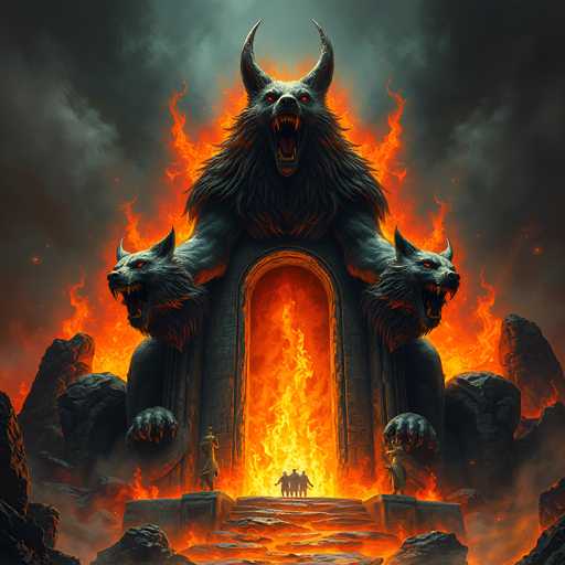 A colossal, imposing stone statue of a three-headed beast with glowing eyes and sharp teeth dominates the scene. The creature is positioned at the entrance of a fiery archway, its massive paws resting on the stone steps. The statue is engulfed in flames, with fiery tendrils licking its fur and glowing from within the archway. 

Three figures are visible at the base of the archway, seemingly dwarfed by the scale of the statue. They appear to be cautiously approaching or observing the creature, their expressions a mix of awe and apprehension. The background is dark and stormy, with swirling clouds and embers adding to the dramatic atmosphere. 

The overall style is highly detailed and fantastical, with a focus on creating a sense of power and mystery. The lighting emphasizes the fiery elements, casting dramatic shadows and highlighting the creature's menacing features.