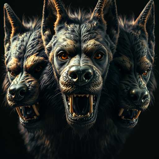The image shows three wolf heads facing forward with their mouths open and teeth showing. The wolf on the left has a black nose and mouth, while the middle wolf has a brown nose and mouth. The wolf on the right also has a black nose and mouth but is slightly smaller in size compared to the other two wolves.