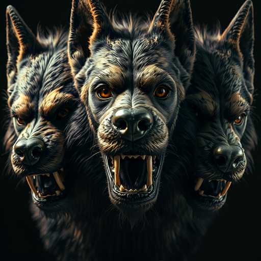 The image depicts a striking and eerie creature with three wolf-like heads emerging from a single body. The central head is the most prominent, featuring a snarling expression with its mouth wide open, revealing sharp teeth and a black tongue. This head has piercing orange eyes and ears that stand erect, with fur that is a mix of black, gray, and brown. Flanking this central head are two additional heads, both turned slightly to the sides. The head on the left is angled towards the bottom left corner, while the head on the right is angled towards the bottom right corner. These side heads share the same coloration and features as the central head, including the orange eyes and erect ears. The entire creature is set against a stark black background, which accentuates the dark, shadowy fur and the menacing appearance of the heads. The overall effect is both captivating and unsettling, with the three heads appearing to stare directly at the viewer.