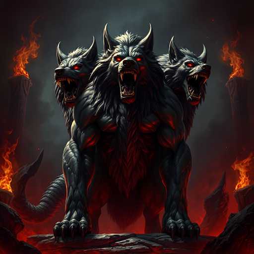 A powerful, three-headed Cerberus dog stands in a fiery, volcanic landscape. The creature is dark and muscular, with glowing red eyes and sharp teeth. Flames erupt from the ground around it, casting a dramatic, dark atmosphere. The background is hazy and indistinct, emphasizing the creature's imposing presence.