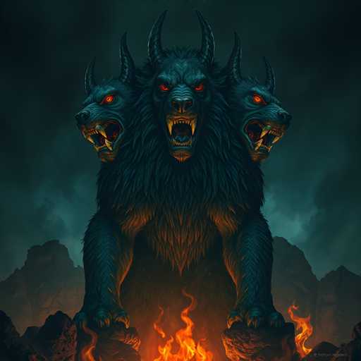 The image depicts a menacing, mythical creature with a dark, eerie atmosphere. The central figure is a fearsome beast with three heads, each adorned with two horns and glowing red eyes. The creature's fur is a mix of dark blue and black, with orange highlights on its chest and the insides of its legs. Its mouths are wide open, revealing sharp, yellow fangs, and it appears to be roaring with a fierce expression. The beast stands on two large, rocky outcroppings amidst a fiery landscape, with flames rising from the ground beneath it. The background features dark, stormy clouds and jagged mountains, adding to the ominous and foreboding mood of the scene. The overall color palette is dominated by dark blues, blacks, and oranges, enhancing the creature's menacing presence.