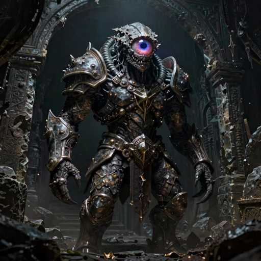 The image depicts a highly detailed, computer-generated sci-fi monster standing in a dark, ancient stone archway. The creature is adorned in intricate, dark gray and black armor that covers its entire body, including its shoulders, chest, and legs. Its head is a menacing blend of metallic and organic elements, featuring a single, large eyeball that is predominantly blue with a pinkish hue around the edges. The monster's mouth is filled with sharp, jagged teeth, adding to its fearsome appearance. Its hands are equipped with long, curved claws, and it wears a belt with a prominent, star-shaped buckle. The background is shrouded in darkness, with the stone archway and scattered rocks enhancing the ominous atmosphere. The overall color palette of the image is dominated by shades of gray, black, and blue, with subtle hints of pink and purple in the creature's eye.