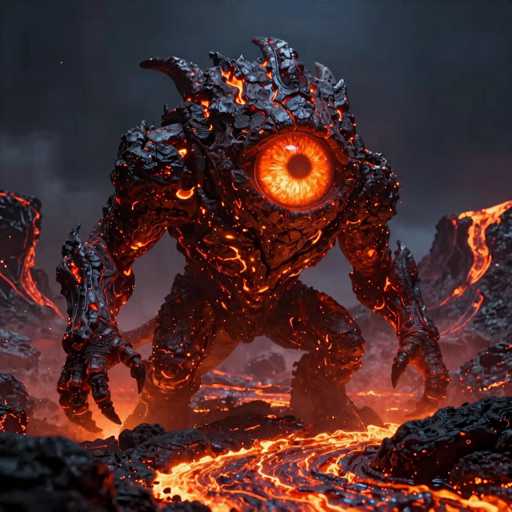 The image depicts a menacing, video game-inspired monster that appears to be made of solid fire and rock. The creature stands on two legs, with its body primarily composed of black rock interspersed with glowing orange and yellow molten core. Its most striking feature is a single, large eye located in the center of its forehead, which radiates an intense orange and yellow light. The monster's head is adorned with horn-like protrusions, and its arms are long and clawed, ending in fingers that are also engulfed in flames. The background is a dark, smoky gray, enhancing the fiery glow of the monster. Surrounding the creature are streams of lava and rocky terrain, with additional streams of lava visible on the left and right sides of the image. The overall scene is one of intense heat and darkness, with the monster's fiery essence dominating the composition.