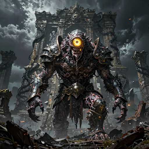 The image depicts a menacing, monstrous creature standing in the foreground of a dark, post-apocalyptic landscape. The creature, with a single large, glowing yellow eye and a mouth full of sharp teeth, is clad in intricate, dark armor that appears to be made of metal and leather. Its right leg is encased in a large, armored boot, while its left leg is bare. The creature's right arm is extended downward, with its hand open, while its left arm is positioned behind its body. The background features a dilapidated, ancient building with broken columns and overgrown with vines and wires, suggesting it has been abandoned for a long time. The sky is dark and cloudy, with a hint of sunlight breaking through, adding to the eerie atmosphere. The scene is filled with debris and rubble, emphasizing the desolate and ruined environment.