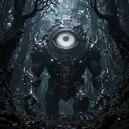 The image depicts a highly detailed, computer-generated scene of a monstrous creature standing in a dark, dense forest. The creature, which appears to be made of stone or metal, has a single, large eye at the center of its head, surrounded by intricate carvings and hieroglyphic-like symbols. Its body is covered in armor, with a chest plate adorned with similar hieroglyphics. The creature's arms are muscular and end in sharp, claw-like fingers, while its legs are thick and sturdy, with large feet that have three prominent toes. The forest around it is filled with tall, dark trees and patches of grass, creating a shadowy and eerie atmosphere. The overall color palette of the image is dominated by shades of gray, black, and white, with some hints of blue, enhancing the mysterious and ominous feel of the scene.