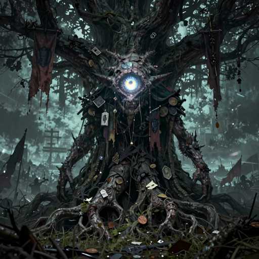 The image depicts a fantastical, computer-generated scene featuring a monstrous tree-like creature with a single, large blue eye at its center. The creature's face is adorned with sharp, horn-like protrusions and a menacing mouth filled with jagged teeth. Its body is constructed from gnarled tree roots that extend downward, resembling legs, and it has two arms made of twisted branches. The creature is covered in various objects, including coins, necklaces, and pieces of paper, giving it a cluttered, almost armor-like appearance. Surrounding the creature are tattered flags and banners, some hanging from its branches, adding to the eerie atmosphere. The background is a dark, grayish-blue sky, suggesting a nighttime setting, with additional trees and possibly a castle faintly visible in the distance. The overall scene is both unsettling and captivating, blending elements of nature and fantasy in a surreal manner.