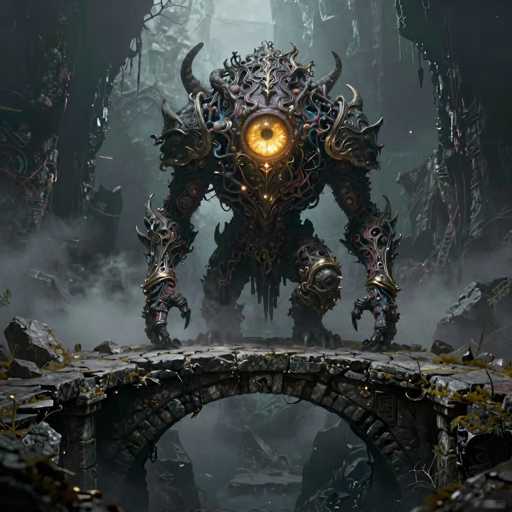 The image depicts a highly detailed, computer-generated fantasy creature standing on a stone bridge. The creature has a single, large, glowing yellow eye at the center of its head, surrounded by intricate, tentacle-like structures. Its body is adorned with various metallic and golden elements, including spikes and horns protruding from its shoulders and head. The creature's arms are long and claw-like, while its legs are short and sturdy. The stone bridge it stands on is surrounded by a misty, foggy atmosphere, with rocky terrain and scattered debris visible in the background. The overall scene exudes a dark, mysterious, and otherworldly ambiance, reminiscent of a fantasy video game or animated movie.