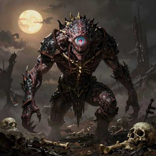 The image depicts a menacing, humanoid monster standing in a desolate, post-apocalyptic landscape. The creature has a single, large blue eye with a pink center, surrounded by a face full of sharp, jagged teeth. Its head is adorned with numerous spikes and ridges, giving it a menacing appearance. The monster's body is covered in black armor, with exposed, muscular arms and legs that are red and purple in color. Its chest features a gold-colored bone-like structure, and it wears a belt with a triangular buckle. The creature's long, clawed fingers add to its terrifying look.

The monster stands on a dirt ground littered with bones and skulls, suggesting a scene of destruction. In the background, a dark, cloudy sky looms over a ruined landscape, with the moon casting an eerie glow. The overall atmosphere is one of desolation and horror, emphasizing the monster's role as a fearsome presence in this bleak environment.