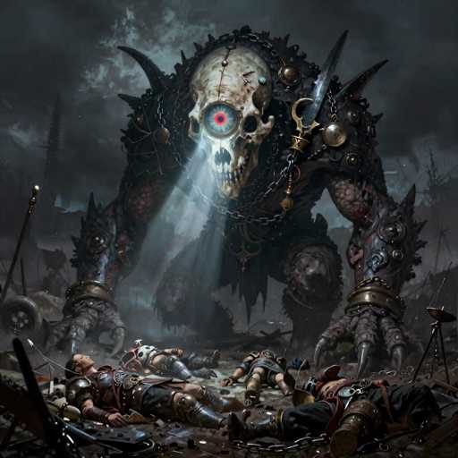 The image depicts a dark and ominous scene, likely from a video game, featuring a monstrous creature that dominates the center. The creature has a large, white skull for a head, adorned with a single, blue eye that has a red pupil, giving it a menacing gaze. The skull is stitched down the middle, adding to its eerie appearance. Its body is covered in dark, black armor embellished with spikes, chains, and various metal pieces, including a prominent cross hanging from its neck. The creature's massive arms, ending in sharp claws, are raised menacingly above a group of fallen soldiers lying on the ground. These soldiers, clad in armor, appear lifeless, with their weapons scattered around them. The background is shrouded in dark, smoky clouds, enhancing the overall gloomy and foreboding atmosphere of the scene.