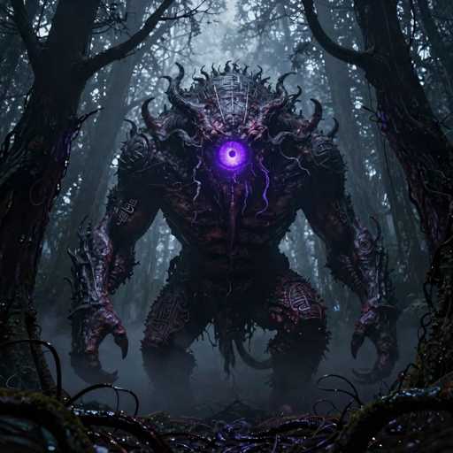 The image depicts a menacing, monstrous creature standing in a dark, dense forest. The creature has a humanoid form with a large, muscular body, but its features are far from human. Its head is adorned with numerous tentacles and horns, giving it a demonic appearance. A single, glowing purple eye is prominently centered on its forehead, radiating an eerie light. The creature's mouth is long and filled with sharp, jagged teeth, adding to its terrifying visage. Its arms are long and ending in large, claw-like hands, while its legs are short and sturdy, supporting its imposing stature. The forest around it is shrouded in darkness, with gnarled trees and twisted roots visible on the forest floor, enhancing the overall atmosphere of dread and otherworldliness.