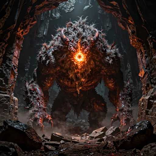 A colossal, monstrous creature stands in a dimly lit cavern, its body engulfed in glowing embers and jagged, bone-like protrusions. The creature's eyes are fiery orbs, radiating intense heat and an eerie orange glow. Its fur is a mix of dark grey and fiery red, with sharp claws and horns that seem to be made of molten rock. The cavern is filled with rubble, glowing embers, and a hazy orange mist that obscures the background. The creature's posture is powerful and menacing, with its arms raised as if ready to strike.