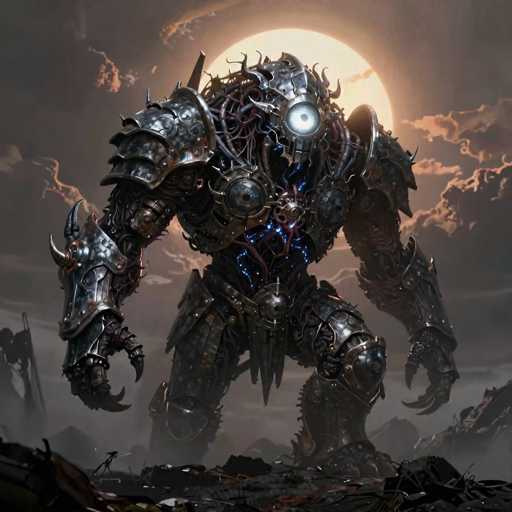A colossal, heavily armored mechanical creature stands in a desolate, post-apocalyptic landscape bathed in the warm glow of a setting sun. The creature is a fusion of organic and mechanical elements, with exposed wires, glowing blue energy conduits, and sharp, jagged metal plating. Its massive form dominates the frame, towering over a ruined cityscape in the background. The creature's eyes are glowing orbs of light, and its hands end in sharp claws. Dust and debris swirl around its feet, emphasizing the scale of the creature and the devastation of its surroundings. The overall atmosphere is one of power, destruction, and a sense of awe-inspiring scale.