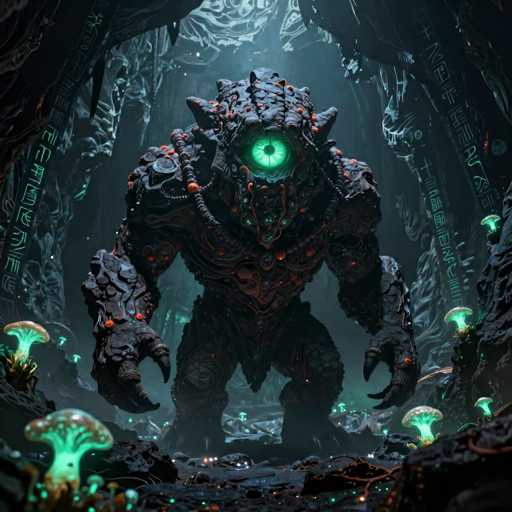 A colossal, biomechanical creature stands in a dimly lit cavern. The creature is predominantly dark, with intricate, organic-looking metalwork and glowing green eyes embedded in its body. It has a bulky, almost insectoid form with multiple articulated limbs and claw-like hands. The creature's body is adorned with glowing orange veins and intricate patterns, suggesting a fusion of organic and mechanical elements. 

The cavern is filled with glowing green fungi and strange, bioluminescent flora, creating an otherworldly atmosphere. The walls of the cavern are textured with dark, jagged rock formations and glowing inscriptions. A soft, ethereal light emanates from the fungi and the creature's eyes, casting dramatic shadows within the cavern. The overall scene is one of mystery and otherworldly power, with the creature appearing both formidable and strangely organic.
