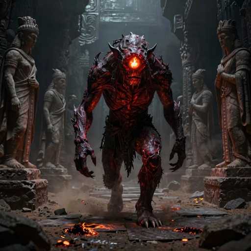 A colossal, fiery-eyed creature dominates a dark, ancient temple. Its massive form treads through crumbling stone, leaving scorching trails on the ground. A thick, ominous atmosphere fills the scene, illuminated by a crimson glow emanating from the creature's body. The art style is detailed and dramatic, emphasizing a sense of awe and dread.