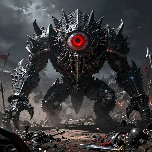 The image depicts a highly detailed, computer-generated scene of a massive, menacing robot towering over a battlefield. The robot, primarily black with intricate mechanical designs, features a single, large eye at its center, glowing red with a black pupil. Its head is adorned with numerous spikes, and its shoulders are equipped with horn-like protrusions. The robot's arms are long and metallic, ending in sharp, claw-like hands. Its legs are thick and sturdy, with knees bent as if poised for action. The ground beneath the robot is littered with debris, including broken armor, swords, and spears, suggesting recent combat. In the background, a dark, cloudy sky looms over the scene, with a hint of sunlight piercing through the clouds. The overall atmosphere is one of destruction and impending danger, as the robot stands ready to continue its assault.