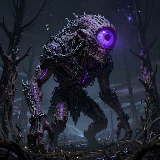 The image depicts a menacing, otherworldly creature that appears to be a hybrid of organic matter and mechanical components. The creature's body is predominantly gray with purple accents, giving it a eerie, bioluminescent quality. Its most striking feature is a single, large purple eye that dominates its face, surrounded by intricate mechanical parts and chains that seem to hold its structure together. The creature's elongated, claw-like hands and spiky fingers add to its intimidating presence. It stands in a desolate, barren forest with dead, leafless trees, under a dark, starry sky. The ground is littered with debris and chains, suggesting the creature has been restrained at some point. The overall atmosphere is one of desolation and foreboding, with the creature exuding a sense of malevolence and otherworldly power.