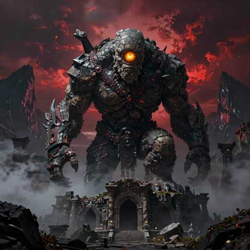 The image depicts a colossal, monstrous creature towering over a ruined castle. The beast, with its metallic, gray body, is adorned with intricate armor and armor plating, giving it a formidable appearance. Its single, glowing orange eye radiates an eerie light, while its mouth remains closed, adding to its menacing aura. The creature's massive hands are equipped with sharp claws, and a sword is strapped to its back, suggesting readiness for battle. The castle beneath it is in a state of severe disrepair, with crumbling walls and scattered debris, including rocks and boulders. The sky above is a foreboding mix of red and gray clouds, enhancing the ominous atmosphere. The scene is devoid of any text, allowing the viewer to fully immerse in the dark and dramatic visual narrative.