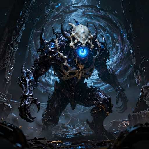 The image depicts a menacing, video game-inspired monster with a skeletal, humanoid form. Its head is adorned with a prominent white skull, featuring a large eye socket that emits a glowing blue light. The creature's body is covered in intricate, metallic armor that appears to be made of a dark, black material, with blue accents and spikes protruding from various parts. Its arms end in sharp, claw-like hands, while its legs are similarly armored and equipped with large, menacing claws. The monster stands on a debris-strewn ground, surrounded by swirling blue and white smoke, adding to the eerie atmosphere. The background is dark, enhancing the ominous presence of this formidable creature.