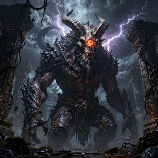 The image depicts a menacing, demonic creature with a skull-like face, featuring a glowing red eye and two large, curved horns. Its mouth is filled with sharp teeth, and it has a long, gray beard. The creature's body is covered in dark brown and black armor, including spiked shoulder pads and a belt adorned with beads and a red gem. Its muscular arms are wrapped in leather, and its hands are equipped with long, sharp claws. The creature stands amidst a backdrop of dark, stormy clouds, with lightning bolts striking from above. Surrounding it are ancient, broken columns, some wrapped in vines, adding to the eerie atmosphere. The ground beneath the creature is littered with debris, enhancing the scene's sense of desolation and dread.