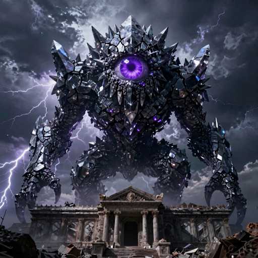 The image depicts a colossal, crystal-like monster towering over a grand, ancient-style building. The creature, reminiscent of King Ghidorah, is composed of jagged, metallic shards that form its massive, humanoid form. Its single, enormous purple eye, with a black pupil, dominates its face, giving it a menacing appearance. The monster's body is adorned with sharp, crystal spikes protruding from its head, shoulders, and chest, adding to its fearsome look. Its enormous hands, each with three massive claws, are poised as if ready to crush the building beneath it. The ancient structure, featuring a grand entrance with four columns, steps, and a pediment, appears to be in ruins, with debris scattered around. The sky above is dark and stormy, filled with ominous clouds, and lightning bolts streak through the air, illuminating the scene and highlighting the monster's imposing presence. The overall atmosphere is one of impending doom and destruction.