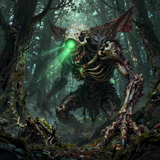 The image depicts a menacing, skeletal creature standing in a dark, dense forest. The creature's head is a skull with a single, glowing green eye that emits a beam of light. Its mouth is filled with sharp, jagged teeth, and its body is composed of exposed bones, tendons, and veins. The creature's right arm is raised, with its hand open and fingers splayed, while its left arm hangs down by its side. The creature's right leg is slightly bent, and its left leg is straight, giving it a poised, ready-to-attack stance. The forest around it is filled with tall, dark trees, some of which have branches and leaves extending towards the creature. The ground is covered with grass, dirt, and scattered leaves, adding to the eerie atmosphere. The overall scene is shrouded in darkness, with the green glow from the creature's eye being the primary source of illumination.