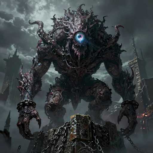The image depicts a menacing, monstrous creature with a single, large, glowing blue eye that radiates an eerie light. The creature's mouth is filled with sharp, jagged teeth, adding to its terrifying appearance. Its body is covered in numerous tentacles that extend from its head and arms, giving it a chaotic and unsettling look. The creature stands menacingly atop a large, metal box that is secured with chains, suggesting it is restrained or trapped. The background features a dark, cloudy sky, enhancing the ominous atmosphere. On either side of the creature, tall buildings with pointed tops are visible, resembling church steeples or castle towers, which contribute to the overall eerie and foreboding setting.