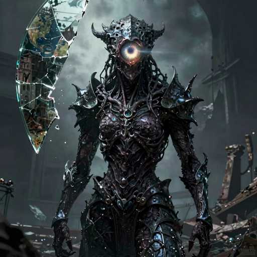 The image depicts a highly detailed, computer-generated scene of a female alien creature standing in a dilapidated, post-apocalyptic building. The alien has a single, large eye in the center of its forehead, emitting a beam of light, and is adorned with intricate, dark gray and black armor that covers its entire body, including a helmet with two small horns. The armor features various spikes and sharp protrusions, particularly around the shoulders and elbows. The creature's chest plate is decorated with a blue gemstone, and its waist is encircled by a belt with a heart-shaped buckle. The background reveals a broken, shattered window on the left side, through which a cloudy sky is visible, and the surrounding area is filled with debris and broken structures, emphasizing the desolate atmosphere.