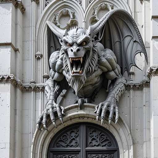 The image shows a Gothic-style door with a large, detailed sculpture of a dragon perched on top. The dragon is depicted in shades of gray and white, with its mouth open wide as if roaring or growling. The door has intricate carvings along the edges, adding to the overall Gothic aesthetic.