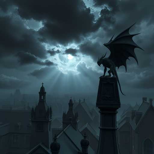 A dark, atmospheric scene of a gothic cityscape at night. A large, winged dragon statue stands prominently on a dark pillar in the foreground, silhouetted against a dramatic, cloudy sky. The moon is partially visible behind the clouds, casting a soft glow on the scene and creating a sense of mystery. The city buildings in the background are dimly lit, with only faint lights visible within their windows. The overall color palette is muted and dark, emphasizing the eerie and fantastical atmosphere of a gothic fantasy setting.