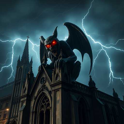 The image depicts a dark, ominous scene featuring a large, menacing gargoyle perched atop a stone building, possibly a church or cathedral. The gargoyle, with its glowing red eyes and sharp, jagged teeth, has a sinister appearance, accentuated by its horns and large wings. The creature's hands rest menacingly on the edge of the building, as if ready to pounce. The sky is filled with dark, stormy clouds, dramatically illuminated by multiple lightning bolts striking in the background. The building itself is constructed of brown stone, with a tall steeple visible to the left, adding to the eerie atmosphere. The overall scene is shrouded in darkness, with the gargoyle's red eyes and the lightning providing the primary sources of light.