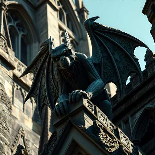 The image depicts a grand, ancient stone building, likely a church or cathedral, with intricate architectural details. The structure is constructed from large, gray stones, and features numerous arched windows and doorways, adding to its majestic appearance. At the forefront of the image, a prominent gargoyle statue stands atop a stone column. The gargoyle, with its menacing expression, has large, bat-like wings and a body covered in scales. Its sharp claws grip the edge of the column, and its ears are pointed and alert. The creature's eyes are particularly striking, with one eye appearing to glow, adding an eerie, supernatural element to the scene. The overall atmosphere of the image is dark and foreboding, with the gargoyle's presence suggesting a watchful, protective entity over the ancient edifice.
